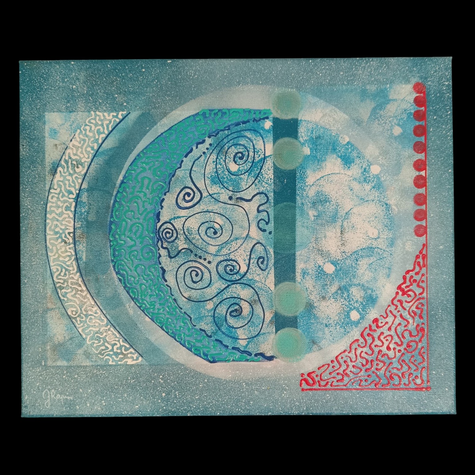 Toile abstraite bleue et turquoise avec motifs de cercles, spirales blanches et frise de points rouges par Jocelyne Malek