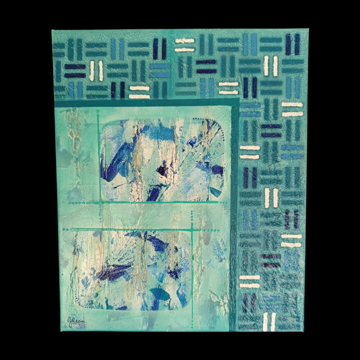 Tableau abstrait moderne bleu turquoise et bleu marine avec lignes blanches et motifs texturés tissés par Jocelyne Malek