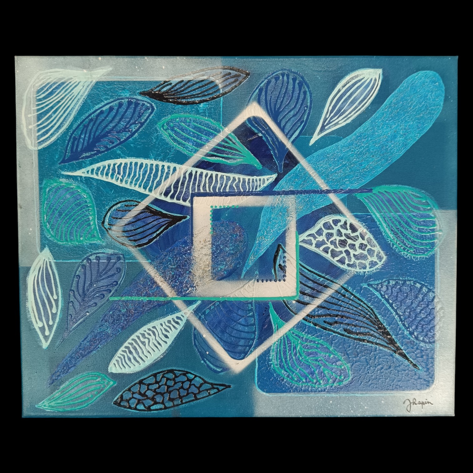 Tableau abstrait bleu jean et turquoise avec motifs de feuilles stylisées blanches et grands carrés tracés en blanc par Jocelyne Malek