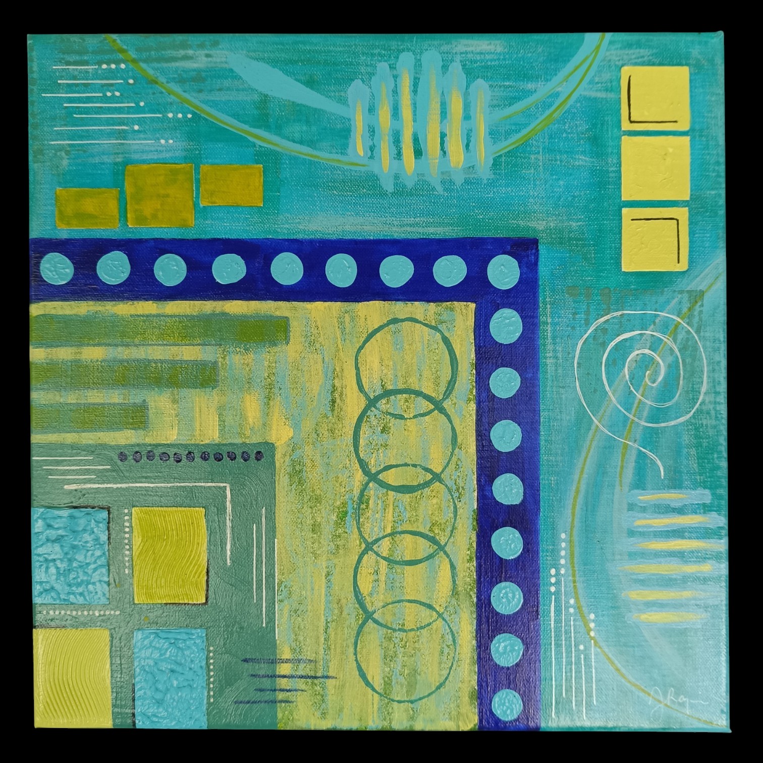 Peinture abstraite contemporaine bleu turquoise, vert anis et bleu roi avec carrés jaunes par Jocelyne Malek sur fond noir.