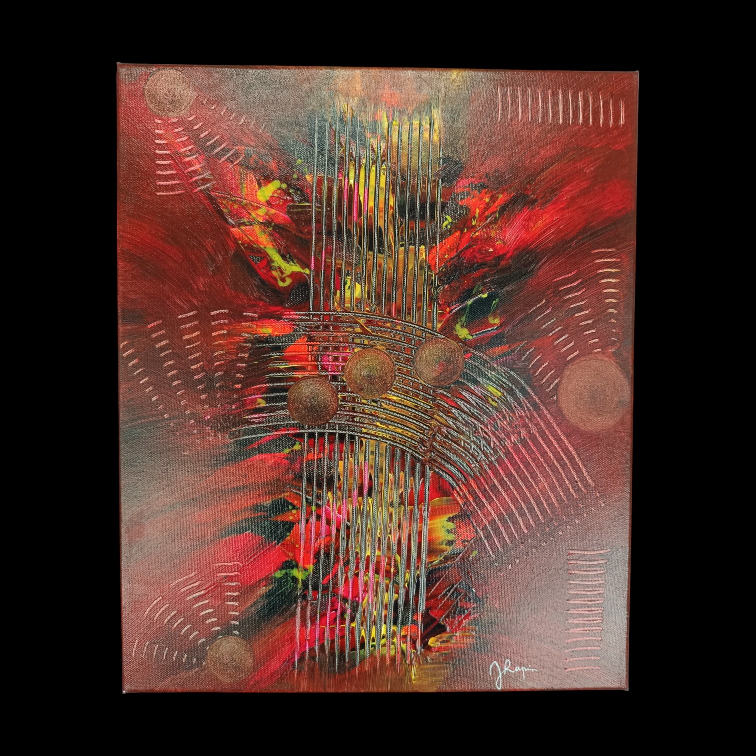 Tableau abstrait moderne rouge et noir avec éclats jaune fluo et réseau de lignes verticales et cercles gris par Jocelyne Malek