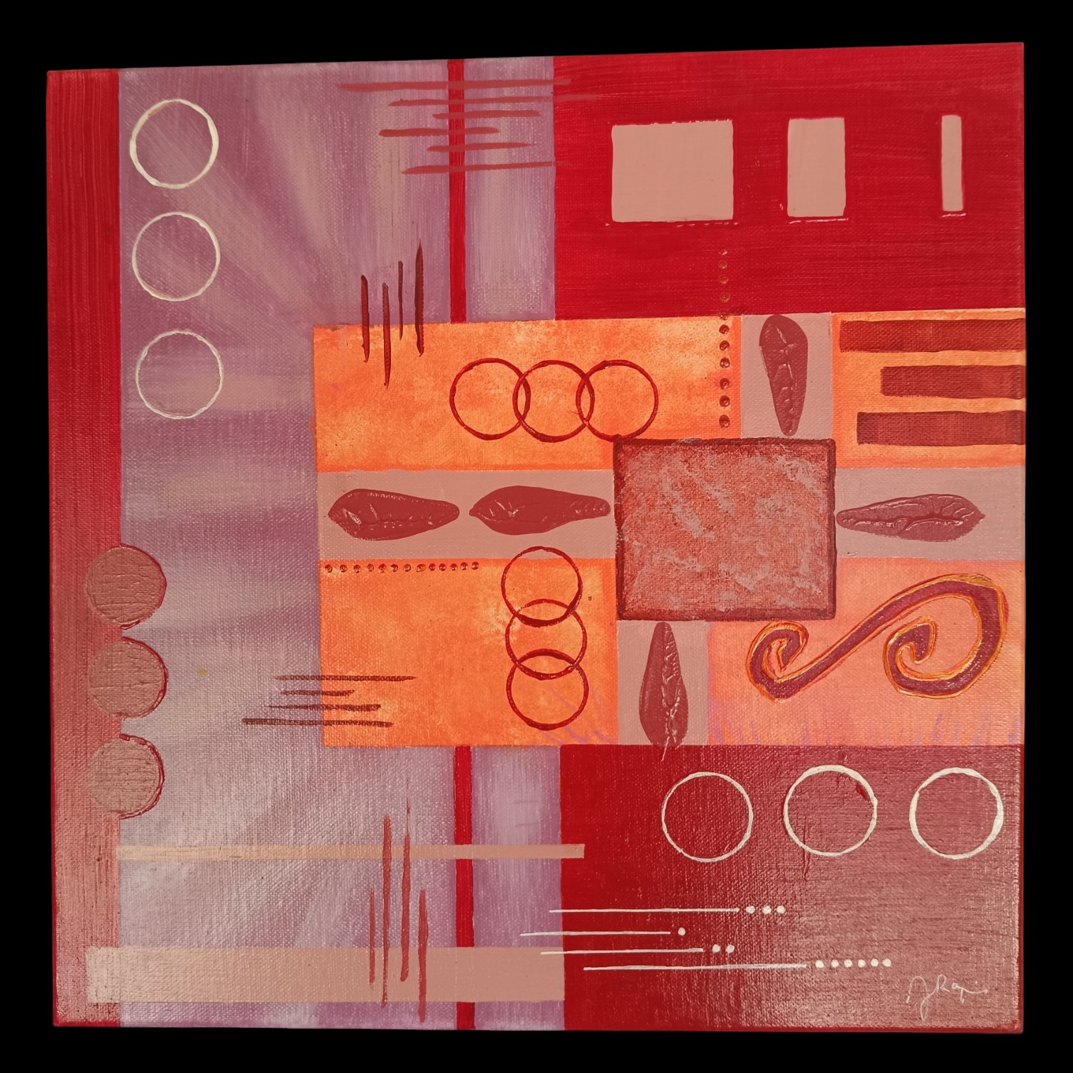 Tableau abstrait contemporain rouge vif orange et vieux rose avec lignes blanches et formes géométriques par Jocelyne Malek