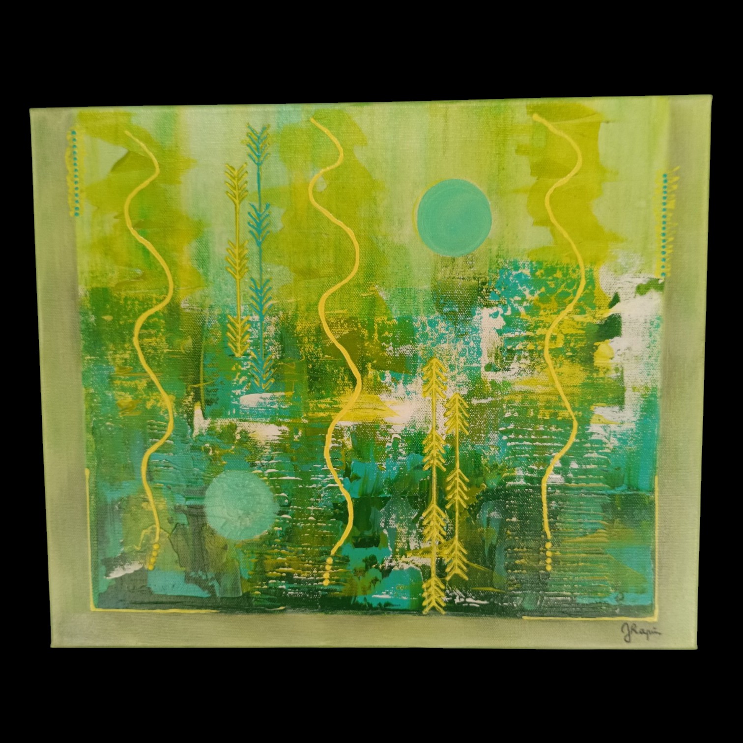 Toile abstraite verte et jaune citron style nature zen avec lignes ondulées et cercles texturés par Jocelyne Malek