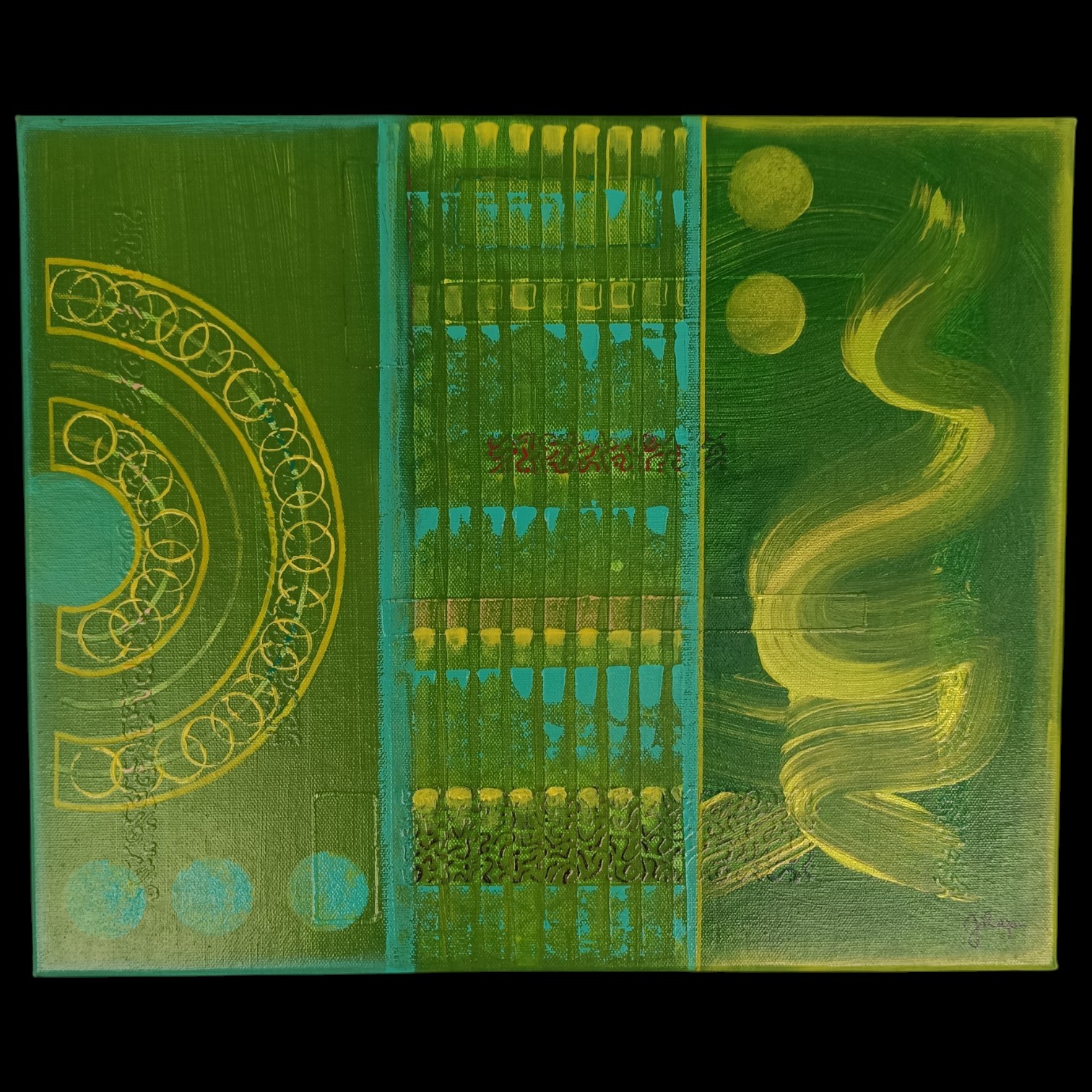 Tableau abstrait moderne vert vif avec motifs dynamiques turquoise et spirale jaune or par Jocelyne Malek